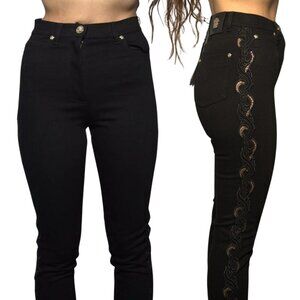 Versace Women's Black Embroidered High Rise Skinny Jeans MEDUSA HEAD GOLD Sz 25